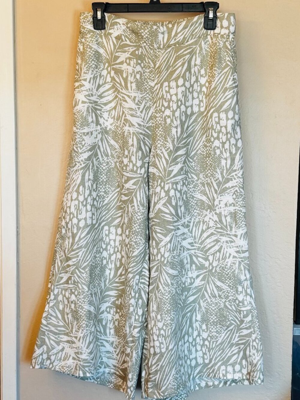 Christian Siriano New York M Women Pants Linen White Olive Green Print Wide Leg